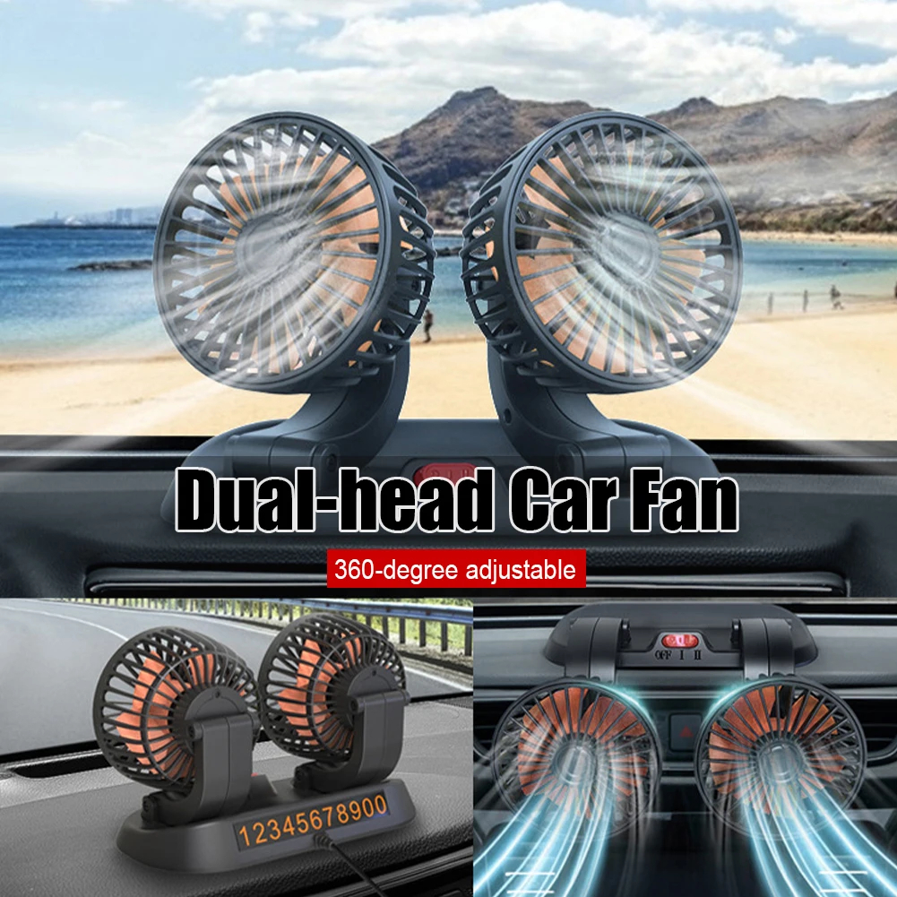 Cooling Fan 360° Adjustable Dual Head Cooling Air Fan Brushless Motor Low Noise Automobile Vehicle Fan